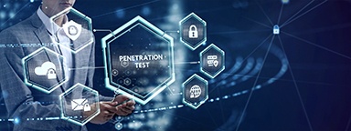A man in a suit selecting an icon with the text PENETRATION TEST on a virtual display