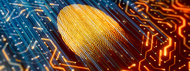 A thumbprint illuminated in gold on a dark circuit board with orange and blue glowing circuits