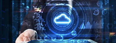 a man in a server room, holding a tablet with a 2D cloud technology and diagram illustration popped from the screen