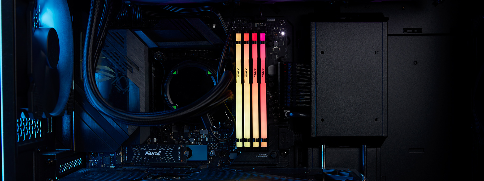 Gaming PC with first-person shooter game on the monitor on the desk at home