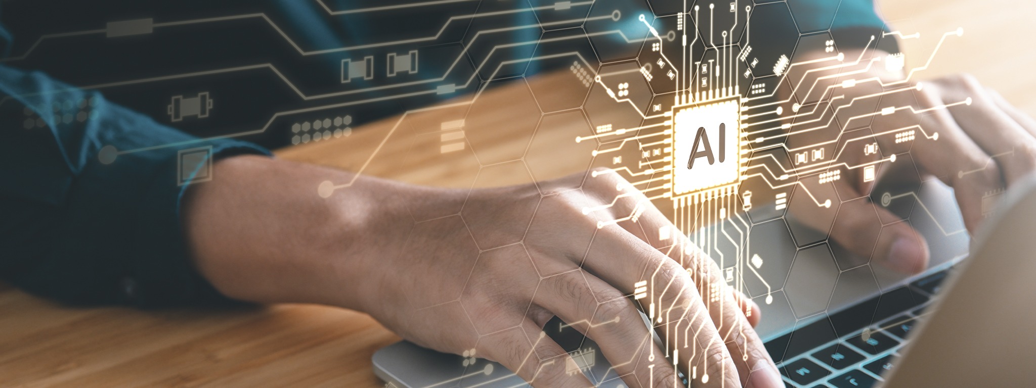 Hands typing on a laptop keyboard with an overlaid illustration of an AI chip and circuit board lines