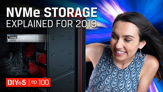 Trisha looking at an NVMe SSD in a PC case.