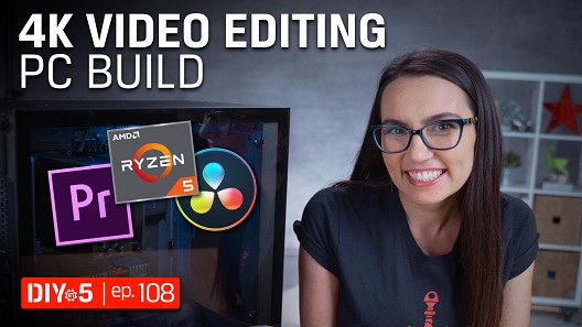 Trisha à côté d’un PC avec les icônes Adobe Primer, Ryzen et Davinci Resolve.